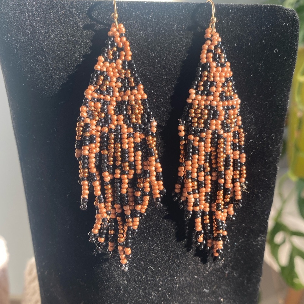 Handcrafted Beaded Fringe Earrings - Black and Brown